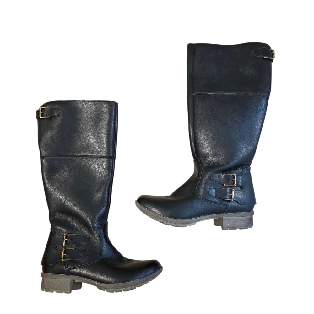 Clarks Black Leather Riddle Phrase Riding Buckle Equestrian Tall Boots Size 8M‎